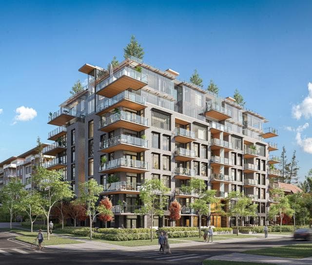 Courtenay at Mulgrave Park – Street-level view of a mid-rise building with wood-toned balconies, green roof terraces, and rooftop trees, on a corner lot with pedestrians.
