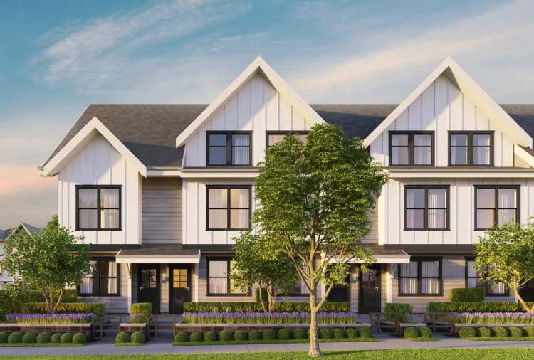 Arcola – Street-level rendering of white farmhouse-style townhomes with dark gable roofs and landscaped front yards.