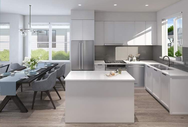 Arcola – Rendering of a white kitchen with island, stainless steel appliances, and an adjoining dining table.