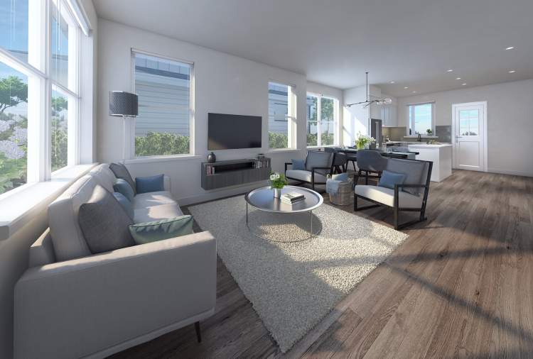 Arcola – Rendering of an open-concept living and dining area with a gray sofa, area rug, and hardwood floors leading to a kitchen.