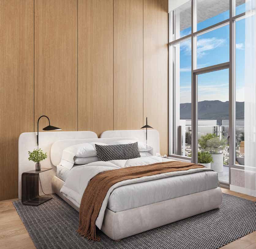 Burquitlam Park District – Bedroom with a wood-paneled wall, a bed with a brown throw, bedside sconces, and a floor-to-ceiling window and balcony overlooking mountains.