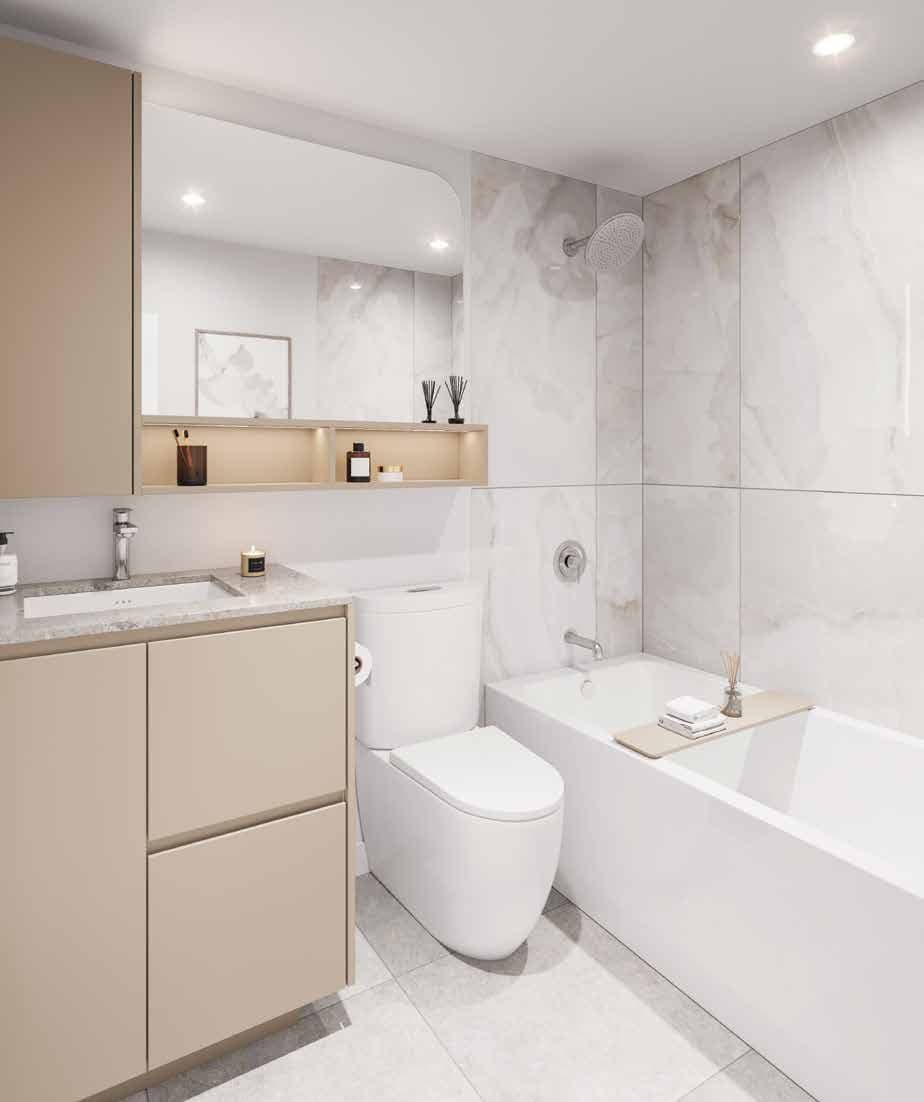 Burquitlam Park District – Bathroom with marble-look tile, a vanity with recessed shelving, a toilet, and a combination bathtub and rainshower.