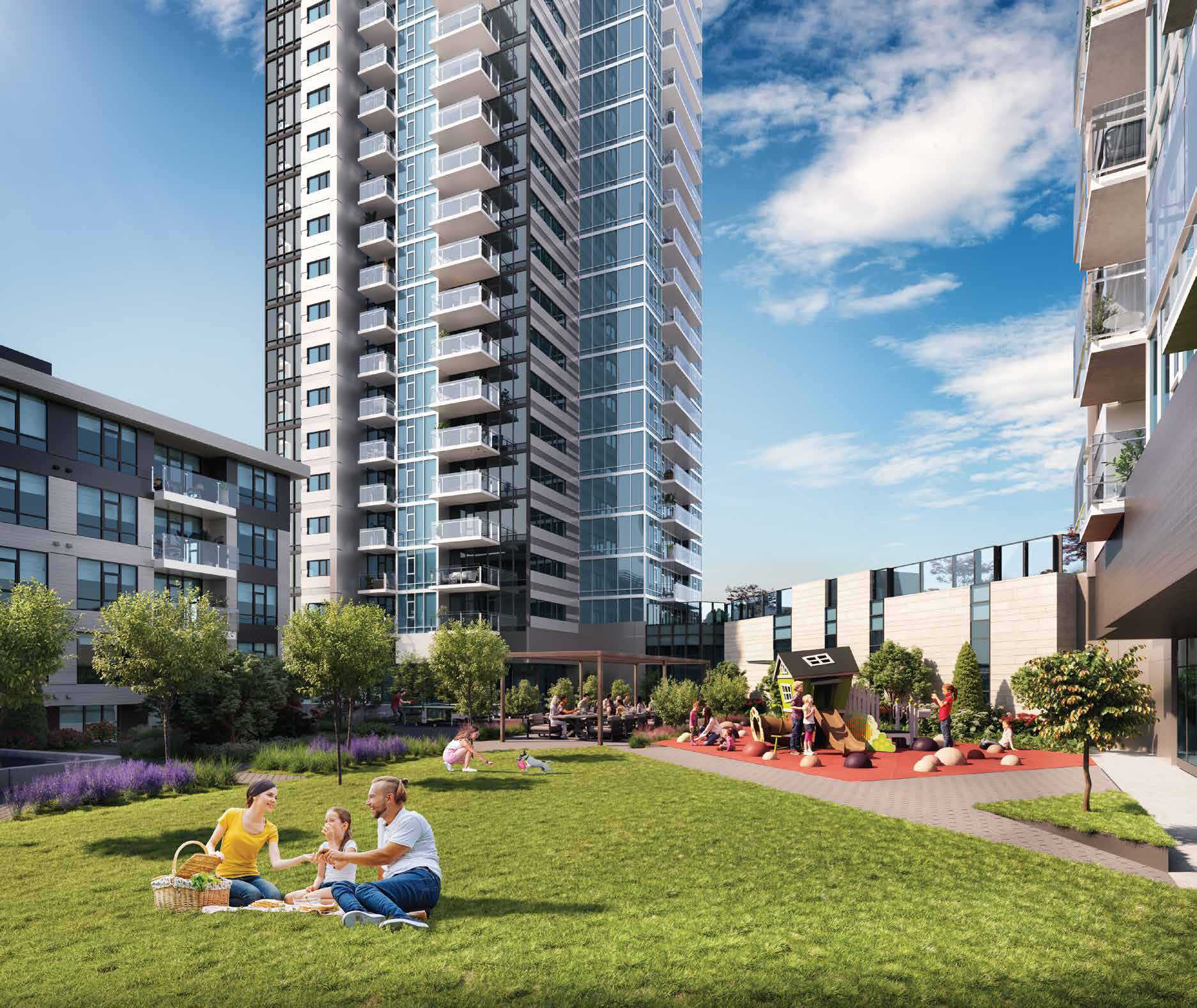 Burquitlam Park District – Courtyard lawn with a family picnicking, children playing with a dog, and a playground with a small playhouse structure near the towers.